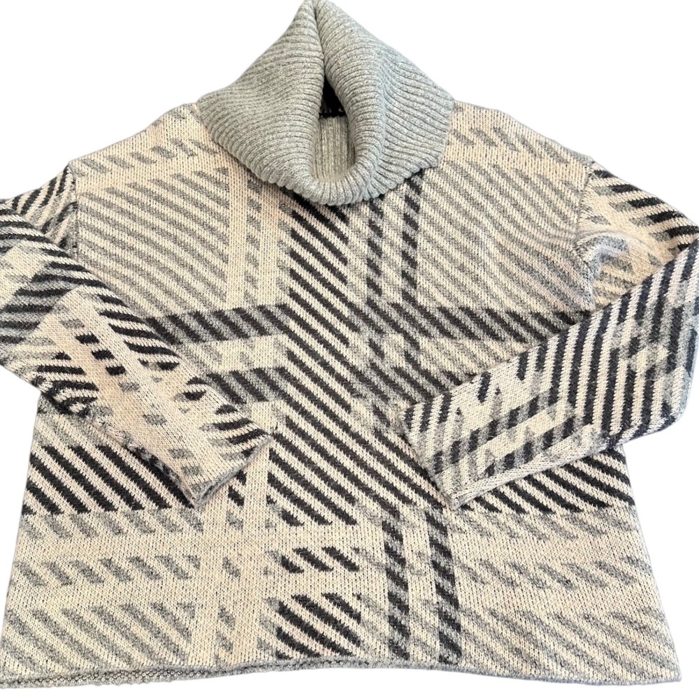 Joseph A. Sweater Women Small Grey & Cream Tan Cowl Neck Grandmacore Retro - Picture 2 of 6